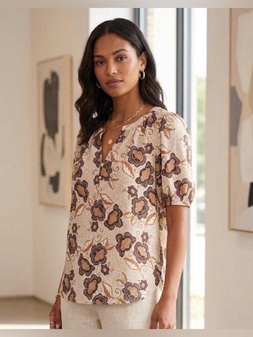 LOFT Petite Floral Short Sleeve Blouse - Brown, Tan & Cream - Sz Medium Petite